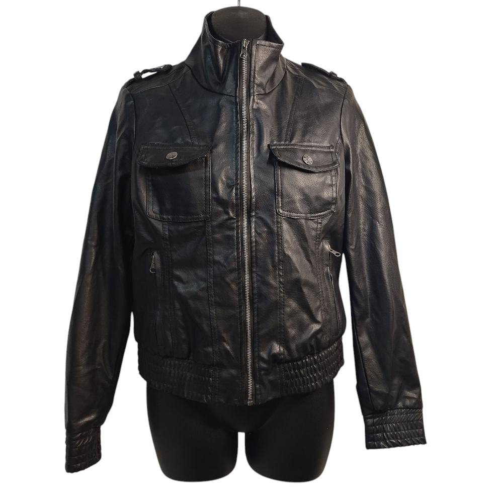 Miss London Women's Black Faux Leather Bomber/Biker Jacket Size M